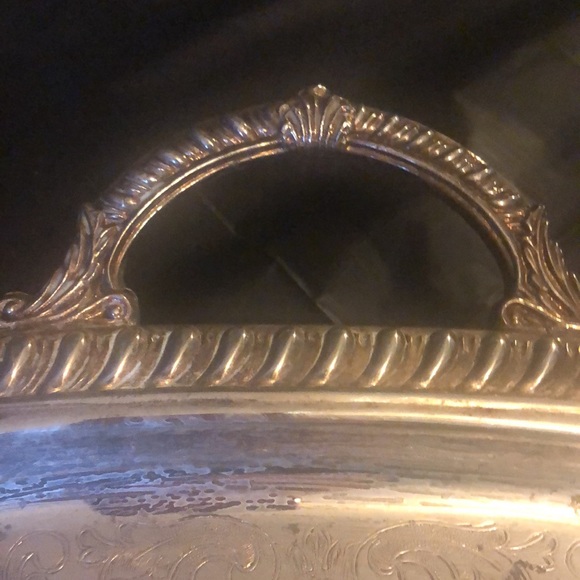Copper under Silver plate large ornate serving tray marked Lion foot 1” pedestal - Picture 8 of 8